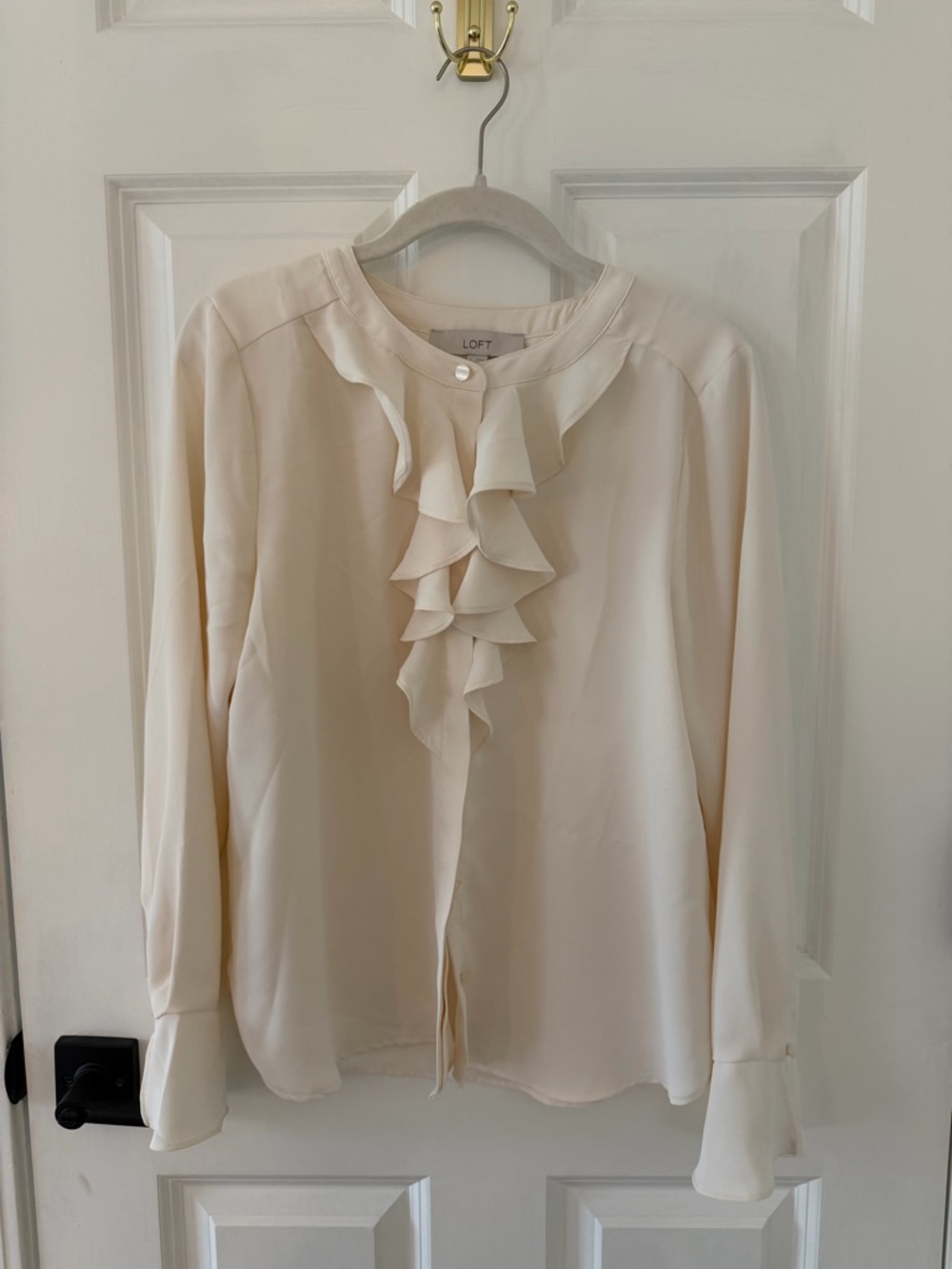LOFT Cream Ruffle-Front Long Sleeve Button-Down Blouse